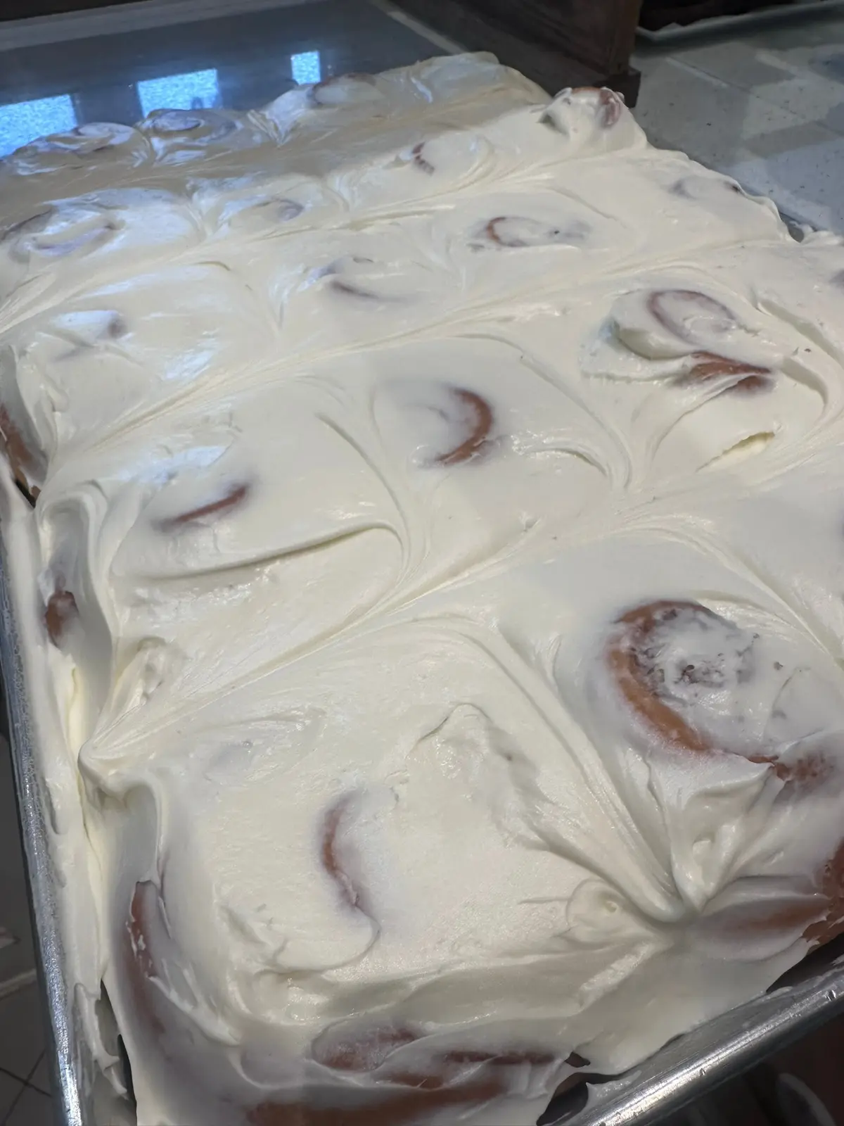 Pan of classic frosted cinnamon rolls